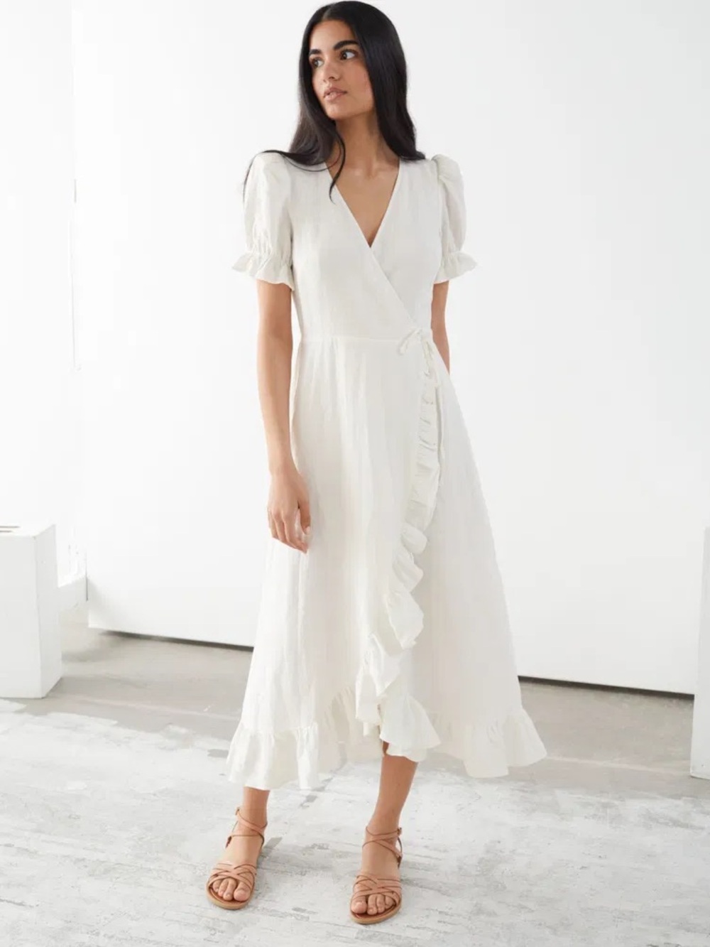 En Saison White Linen Blend Wrap Dress with Ruffle Trim